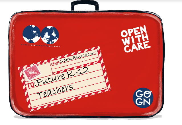 Briefcase with stick that says 'open with care' to K12 educators
