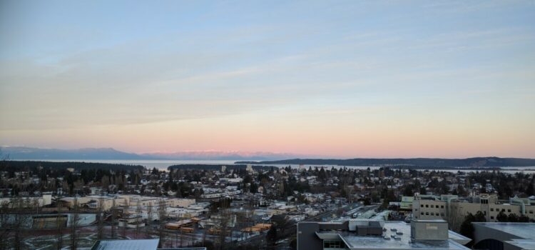 An image taken from the library at Vancouver Island University overlooking the city of Nanaimo.